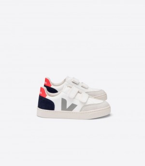 Veja V-12 Chromefree Leather Patike Dječje Bijele Tamnoplave Crvene | IB64-6644G8