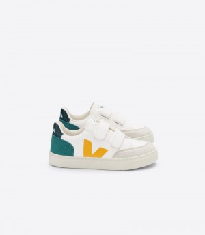Veja V-12 Chromefree Leather Patike Dječje Bijele Zelene Žute | QN81-1111B3