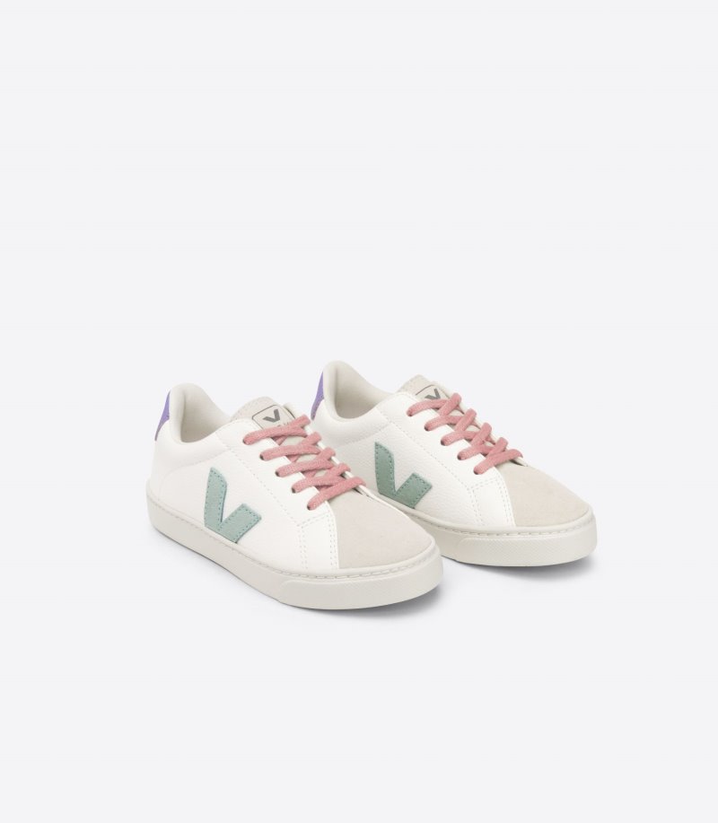 Veja Esplar Laces Chromefree Leather Patike Dječje Bijele Svijetlo Zelene Ljubičaste | XV59-2269C4