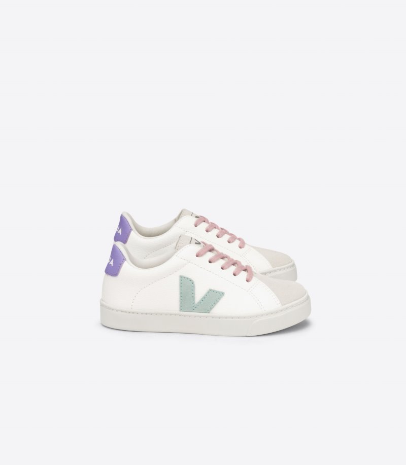 Veja Esplar Laces Chromefree Leather Patike Dječje Bijele Svijetlo Zelene Ljubičaste | XV59-2269C4