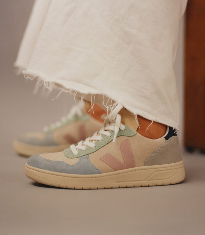 Veja V-10 Suede Patike Ženske Bež Plave Svijetlo Zelene | QY61-0941C1