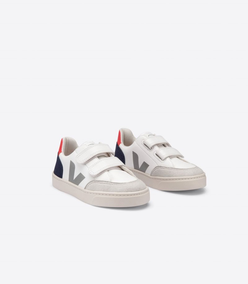 Veja V-12 Chromefree Leather Patike Dječje Bijele Tamnoplave Crvene | IB64-6644G8