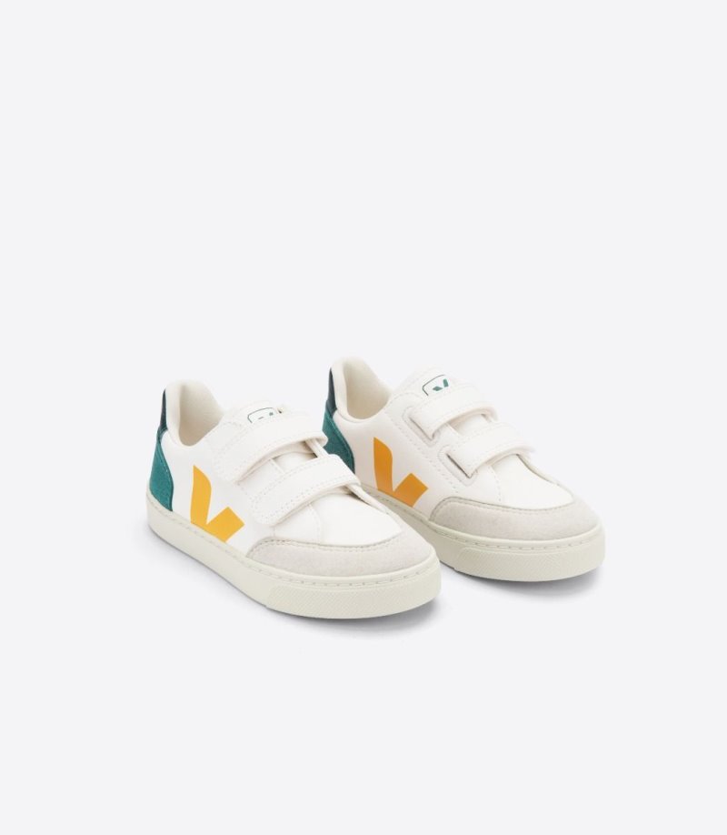 Veja V-12 Chromefree Leather Patike Dječje Bijele Zelene Žute | QN81-1111B3