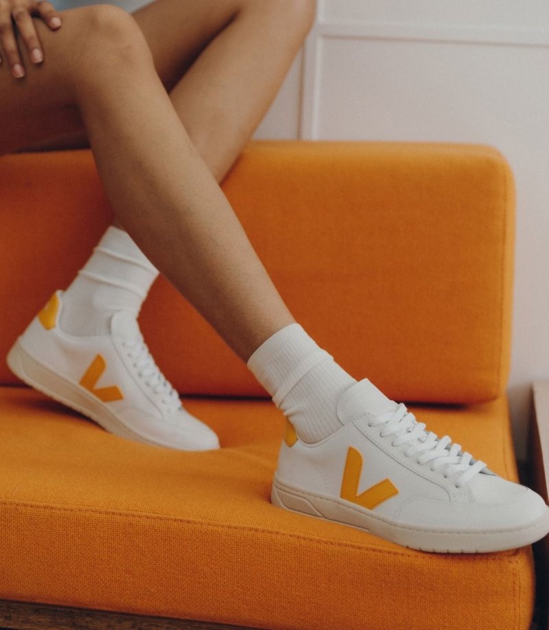 Veja V-12 Leather Patike Ženske Bijele Žute | ET74-9004O9